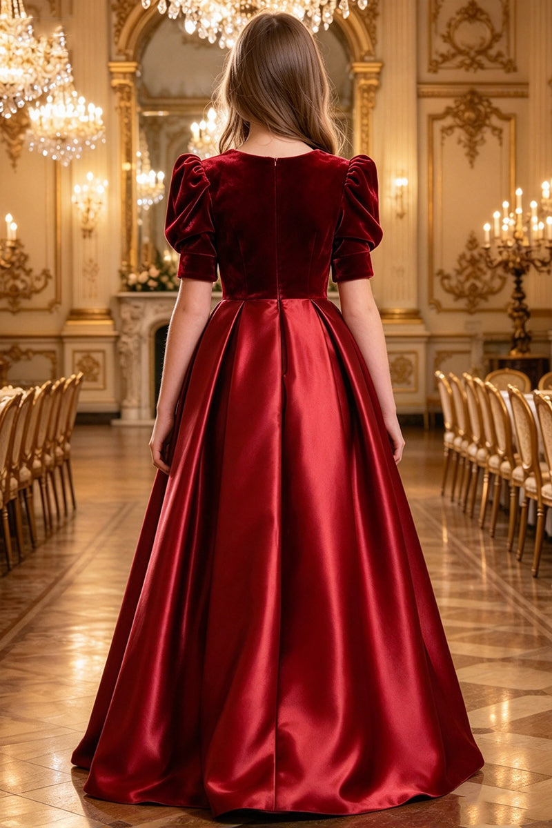 Girls Burgundy Velvet Satin Gown for Weddings