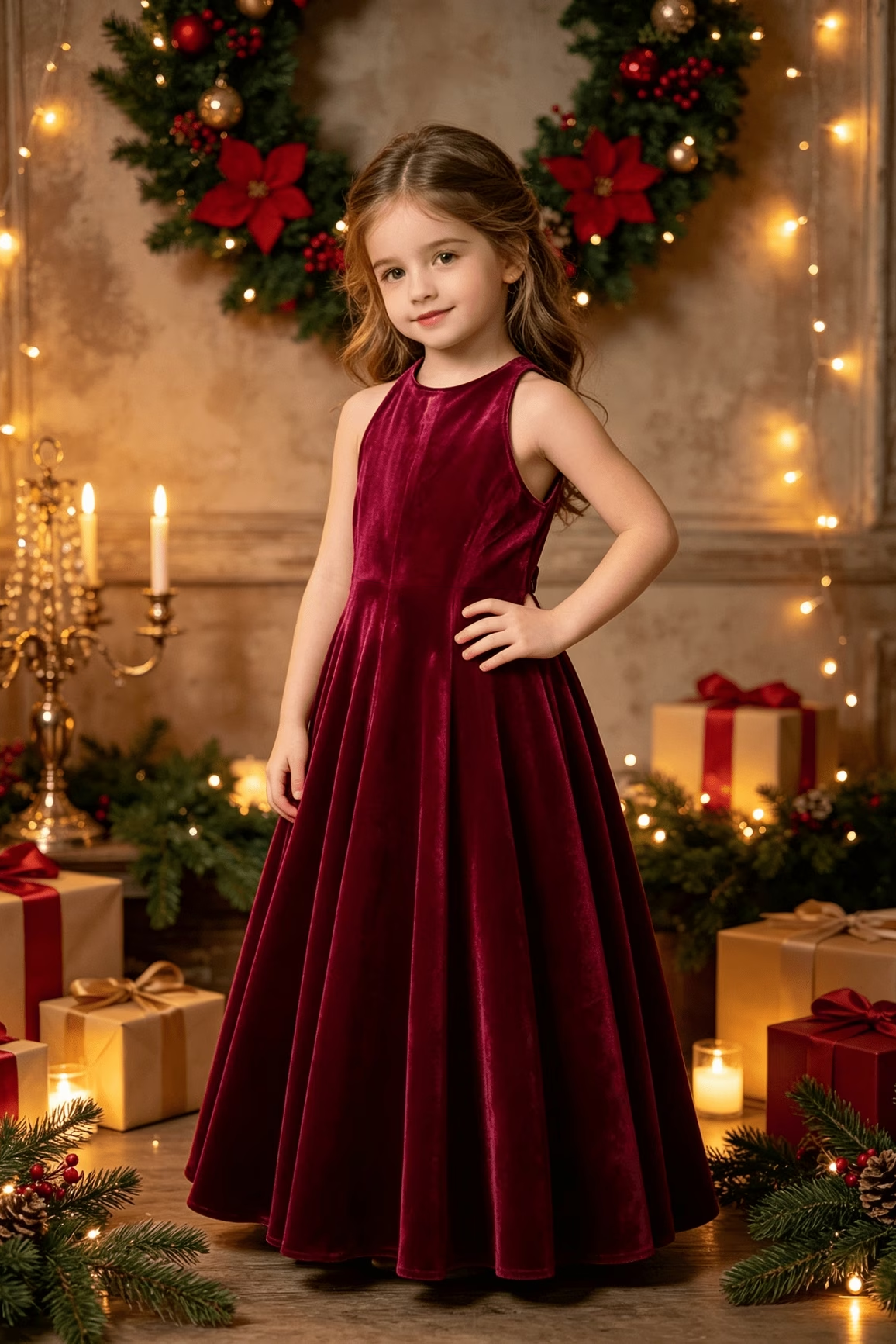 Burgundy Velvet Sleeveless A-Line Dress（Easy to layer）