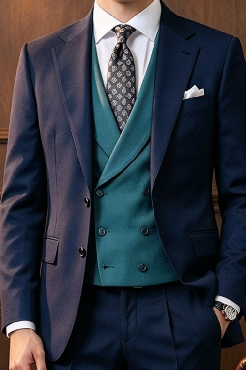 Navy & Teal Double Breasted Formal 3 Piece Suit Set