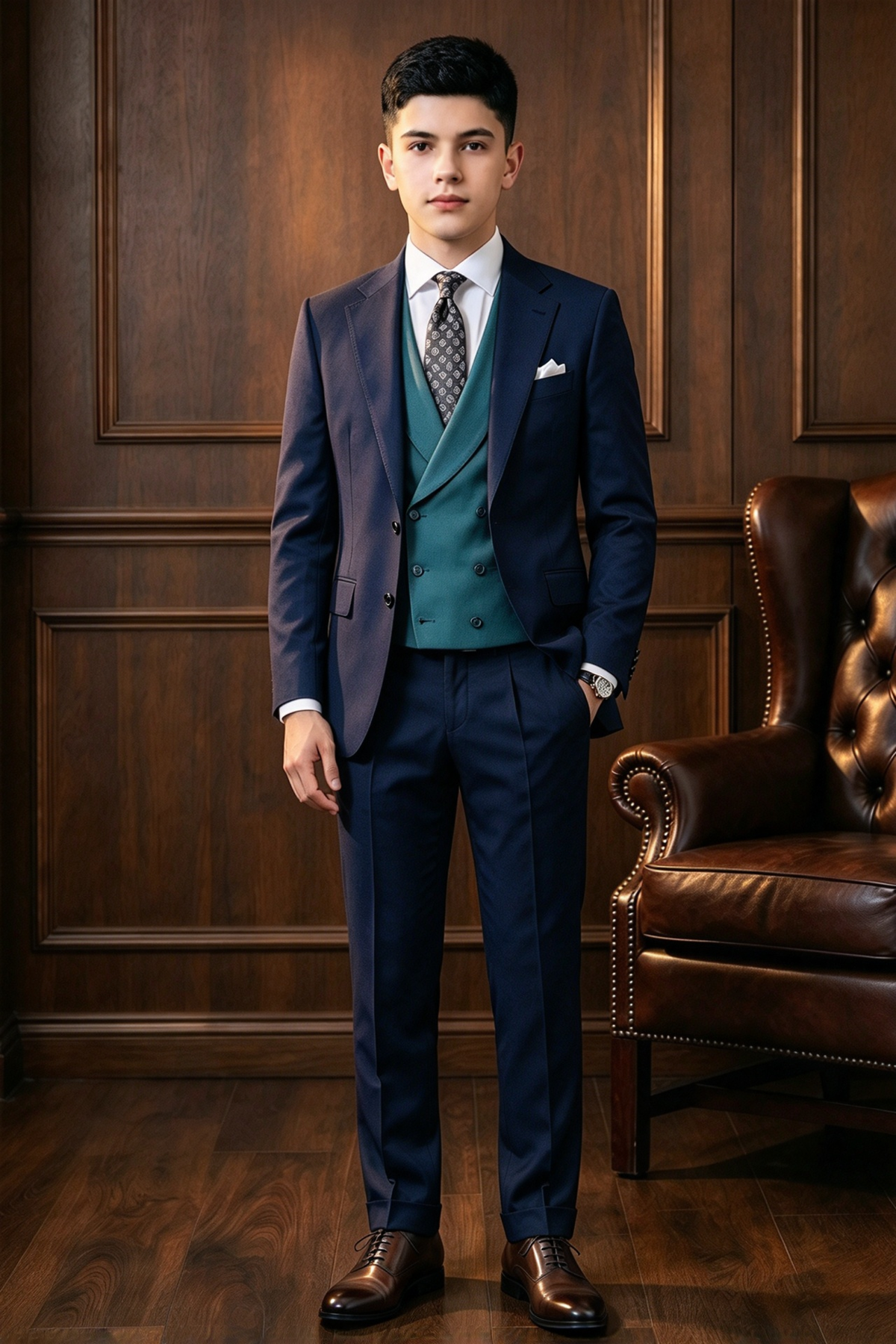 Navy & Teal Double Breasted Formal 3 Piece Suit Set