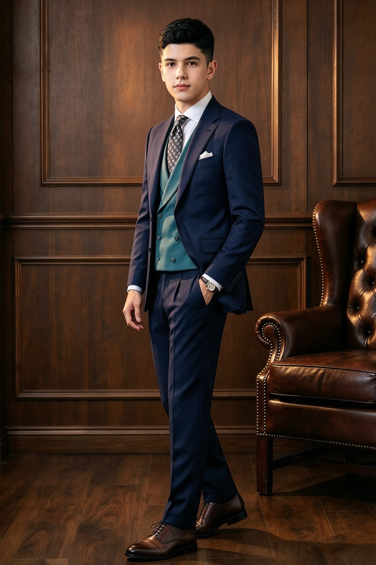 Navy & Teal Double Breasted Formal 3 Piece Suit Set