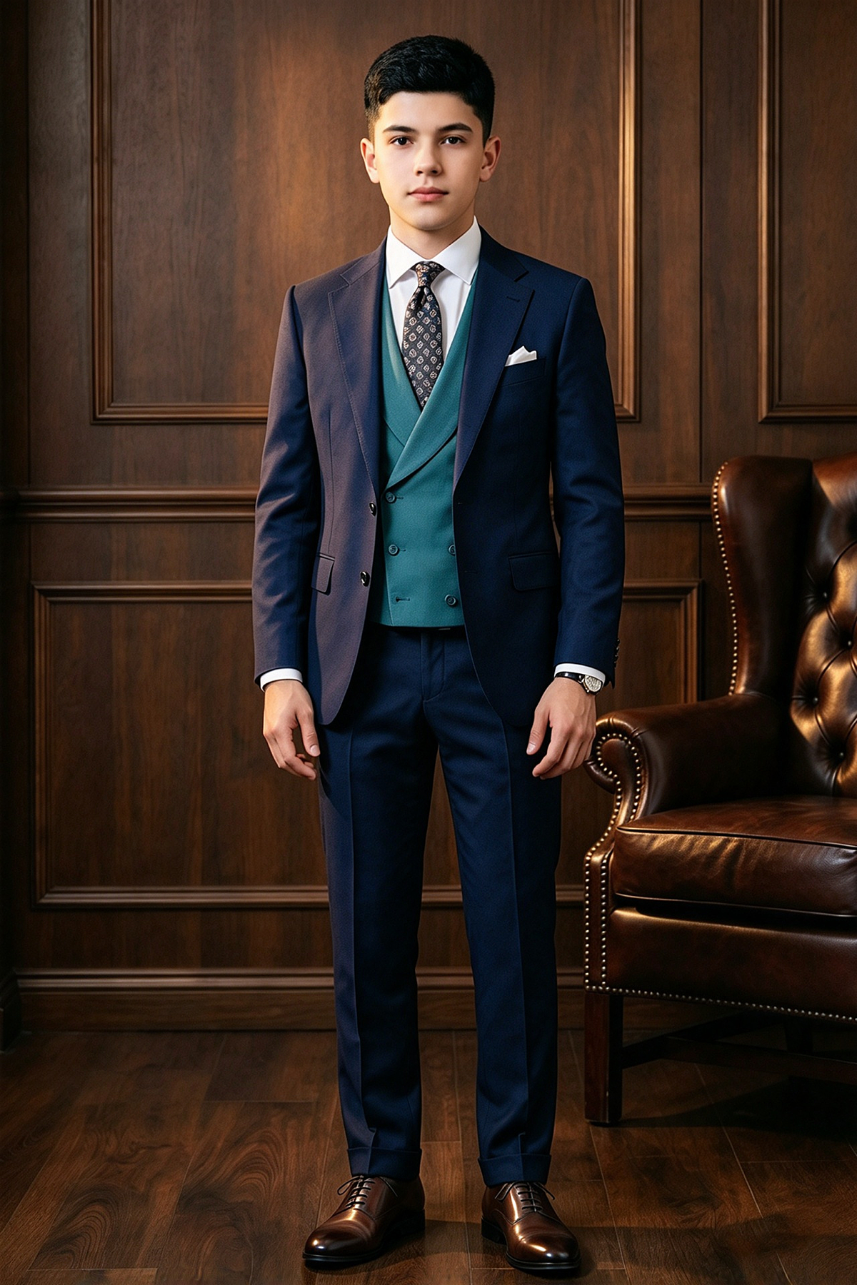Navy & Teal Double Breasted Formal 3 Piece Suit Set