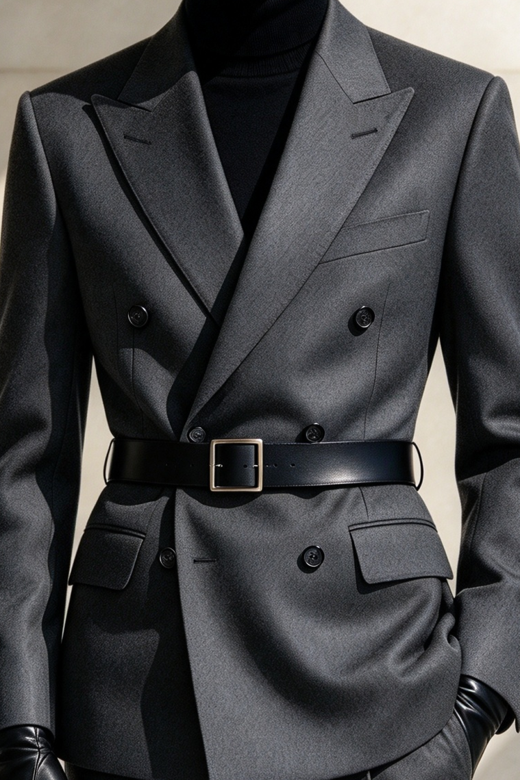 Dark Grey Double Breasted Suit 2-Piece Set（Belt not included.）