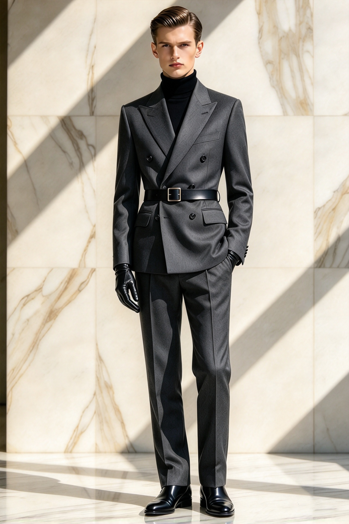 Dark Grey Double Breasted Suit 2-Piece Set（Belt not included.）