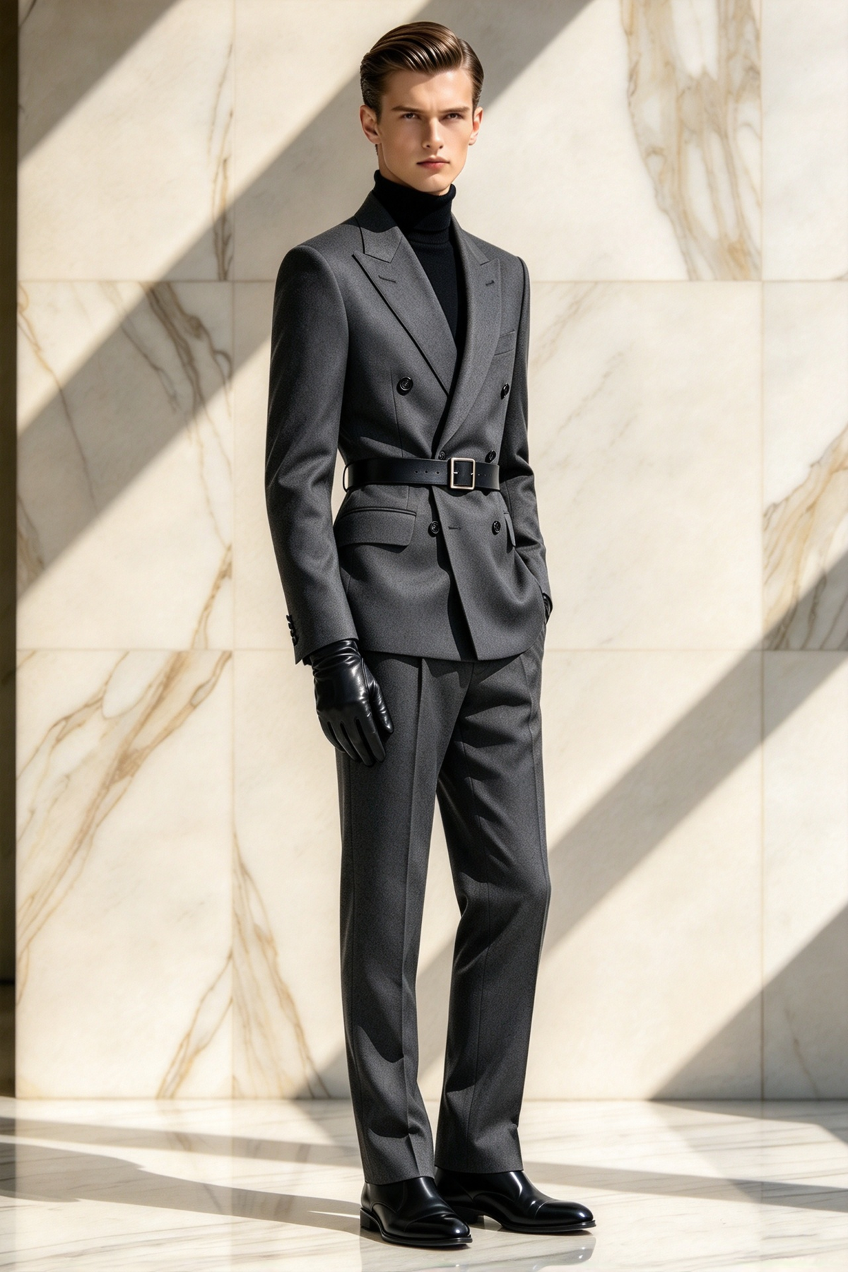Dark Grey Double Breasted Suit 2-Piece Set（Belt not included.）