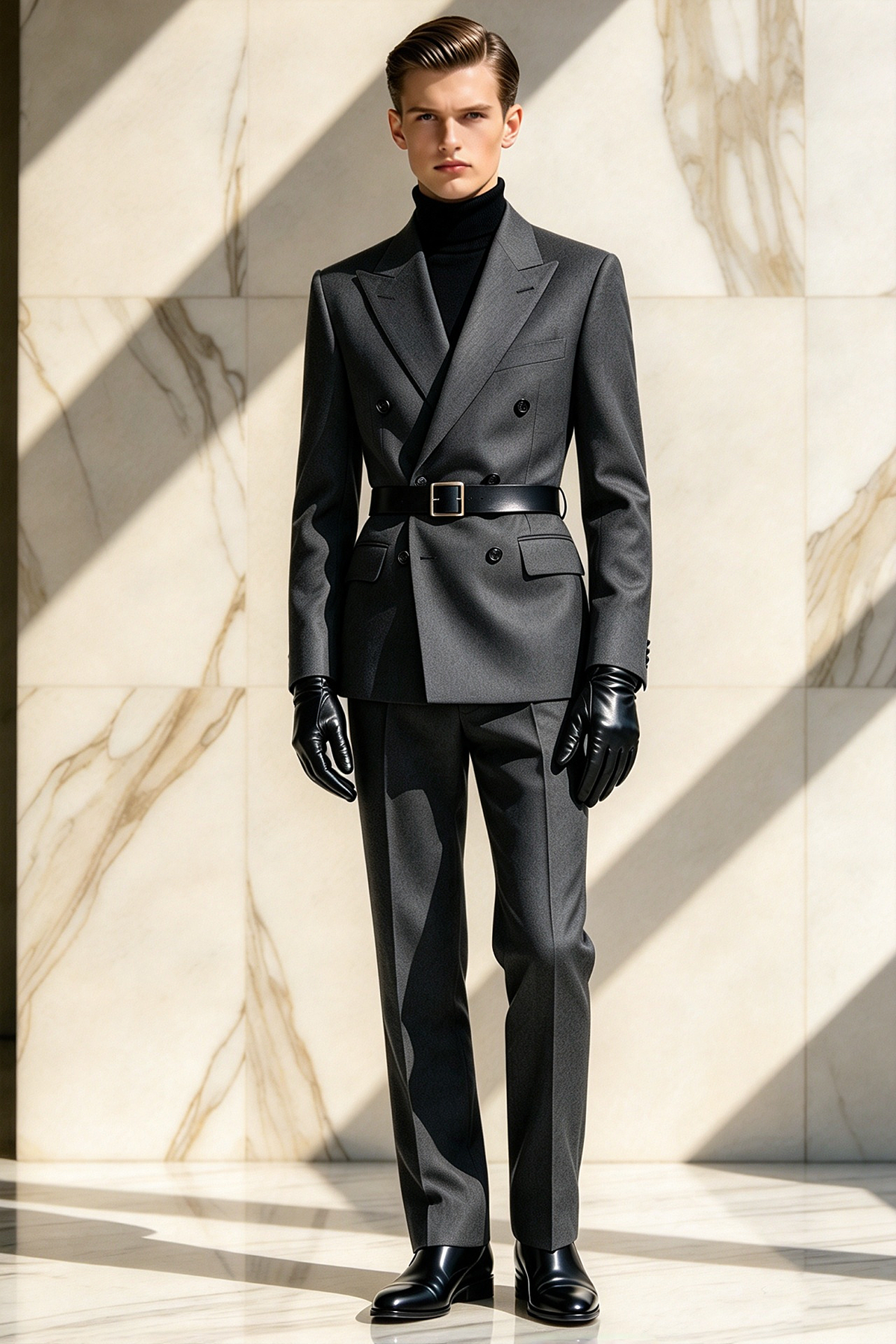 Dark Grey Double Breasted Suit 2-Piece Set（Belt not included.）