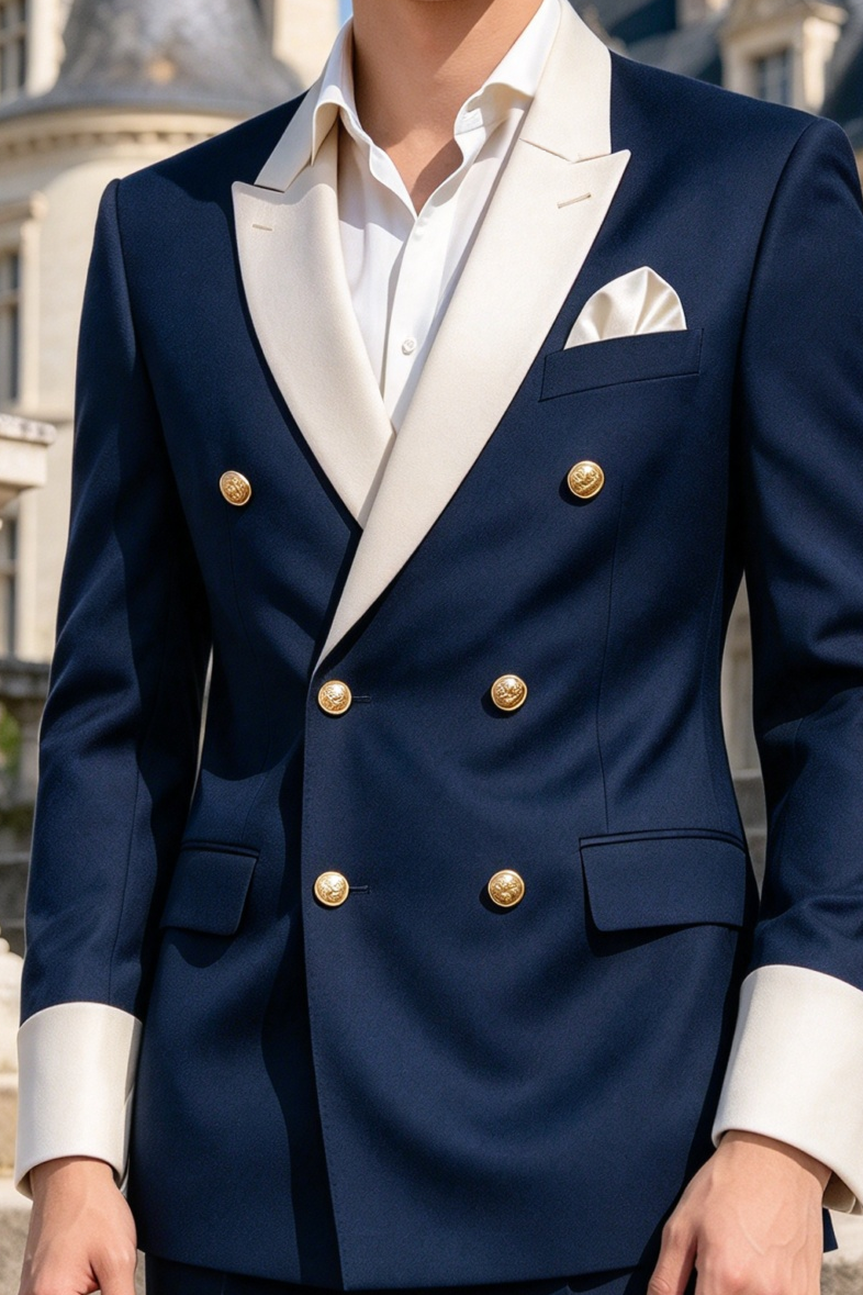 Navy & Cream Lapel Boys Double Breasted 2 Piece Suit Set