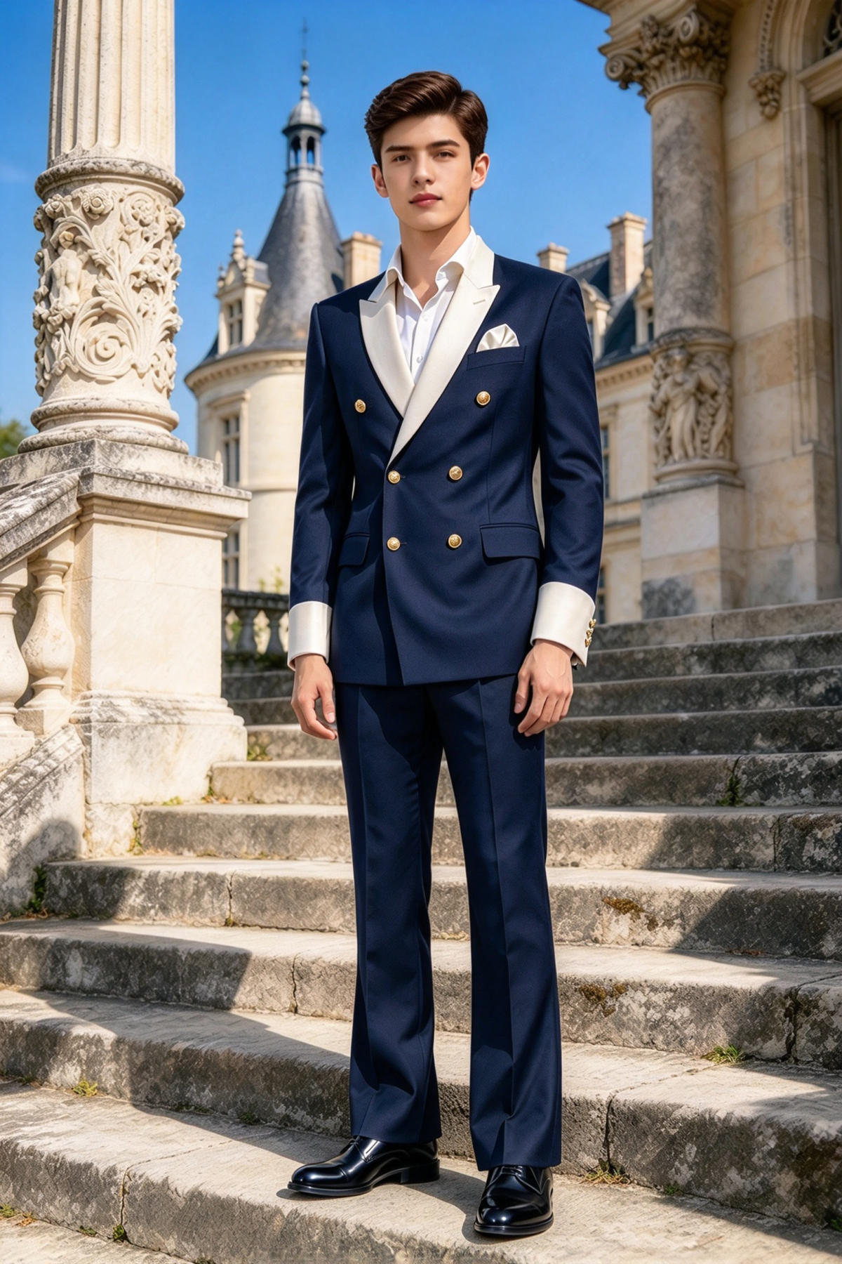 Navy & Cream Lapel Boys Double Breasted 2 Piece Suit Set