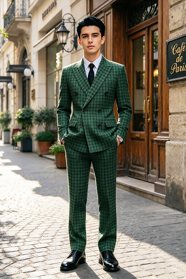 Dark Green Houndstooth Boys Double Breasted 2 Piece Suit Set