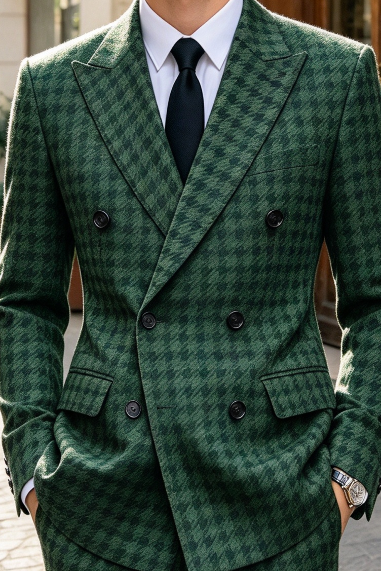 Dark Green Houndstooth Boys Double Breasted 2 Piece Suit Set