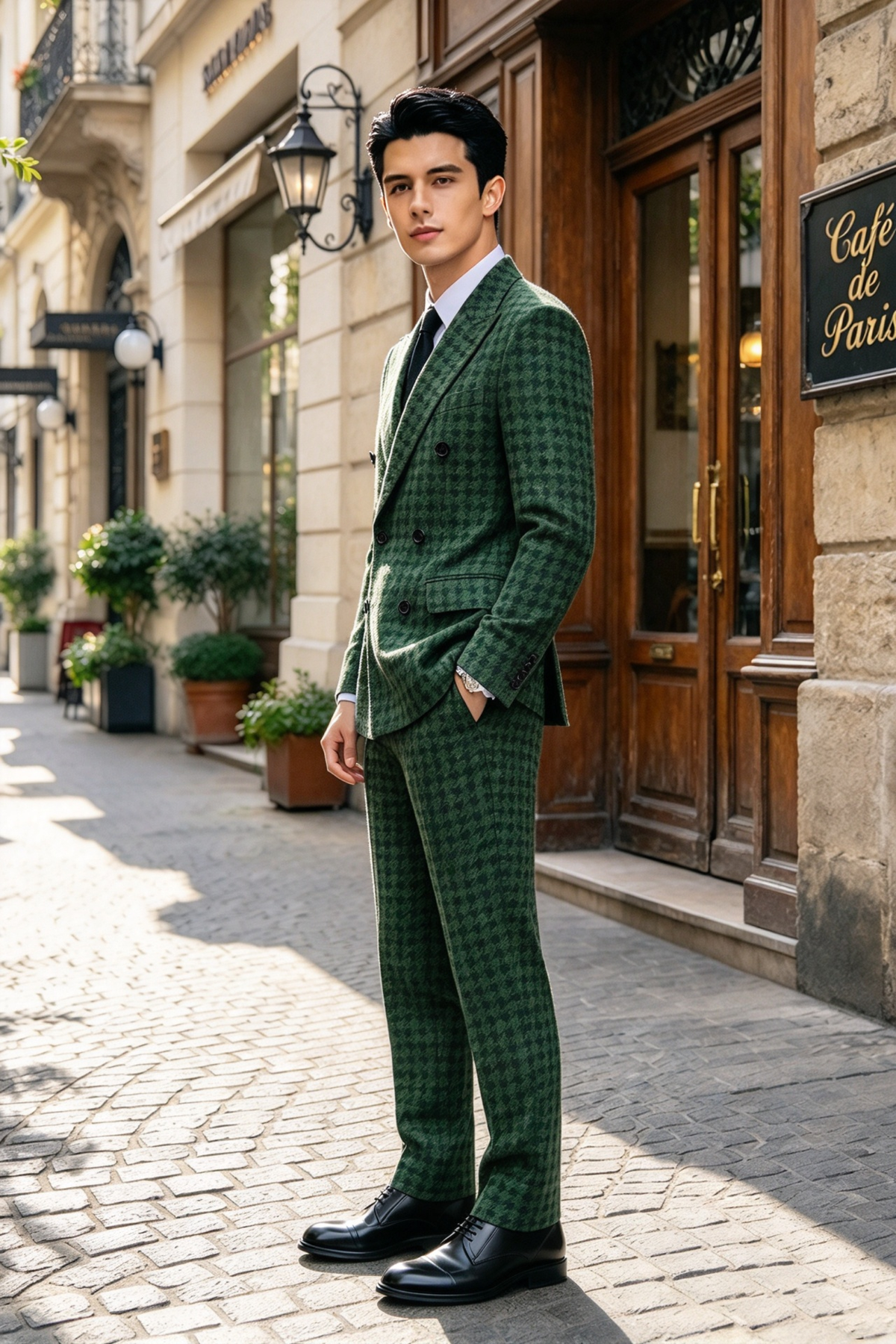 Dark Green Houndstooth Boys Double Breasted 2 Piece Suit Set