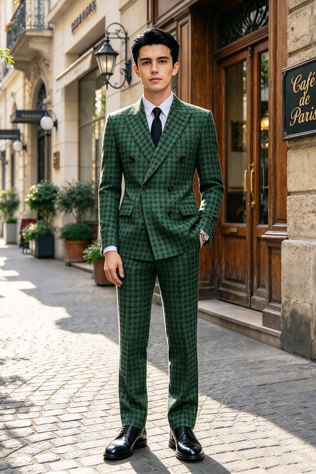 Dark Green Houndstooth Boys Double Breasted 2 Piece Suit Set