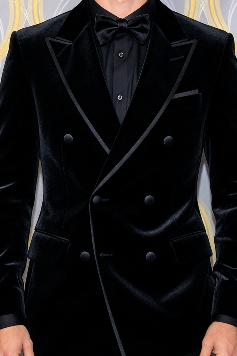 Black Velvet Boys Trim Edging Double Breasted 2 Piece Suit Set