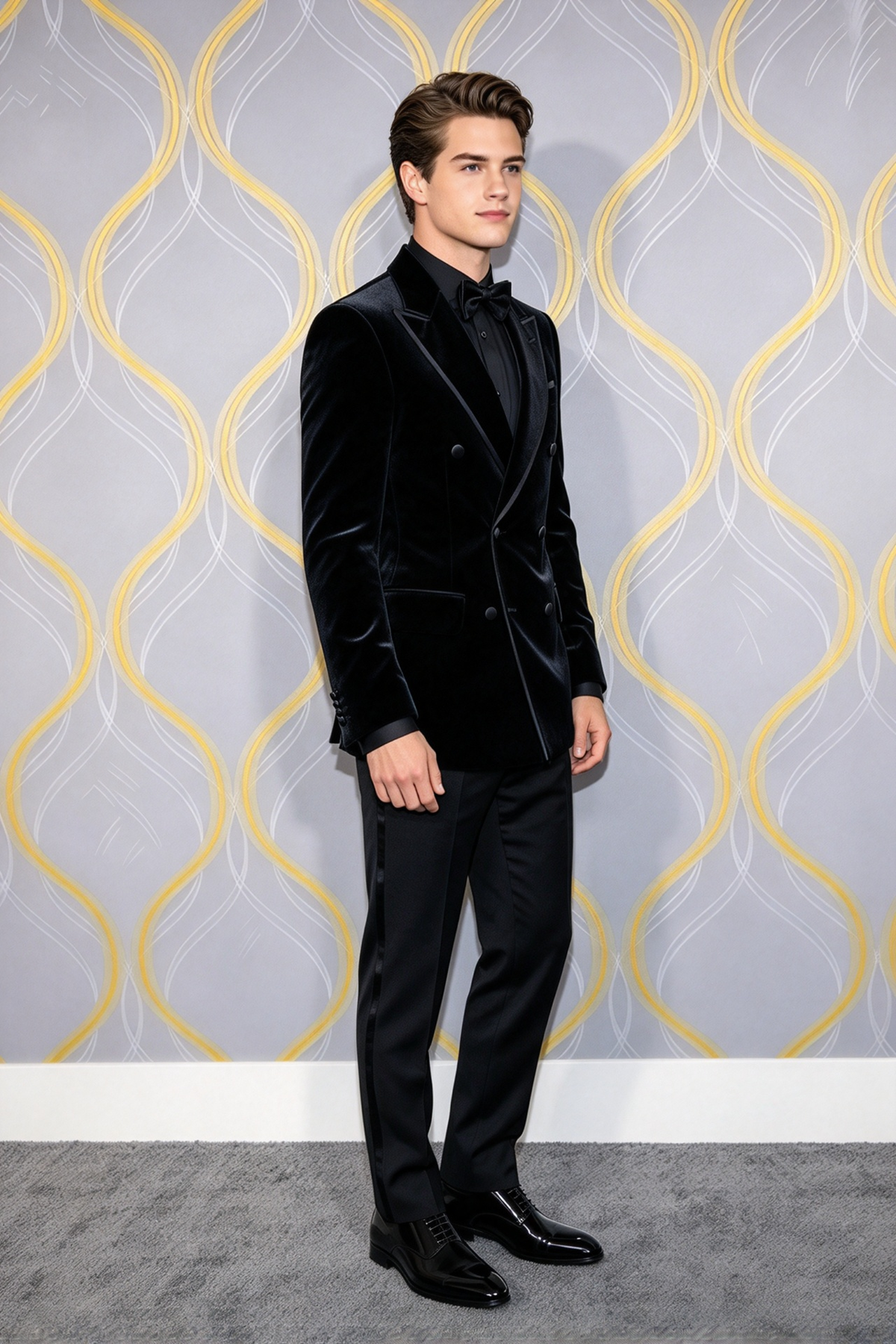 Black Velvet Boys Trim Edging Double Breasted 2 Piece Suit Set