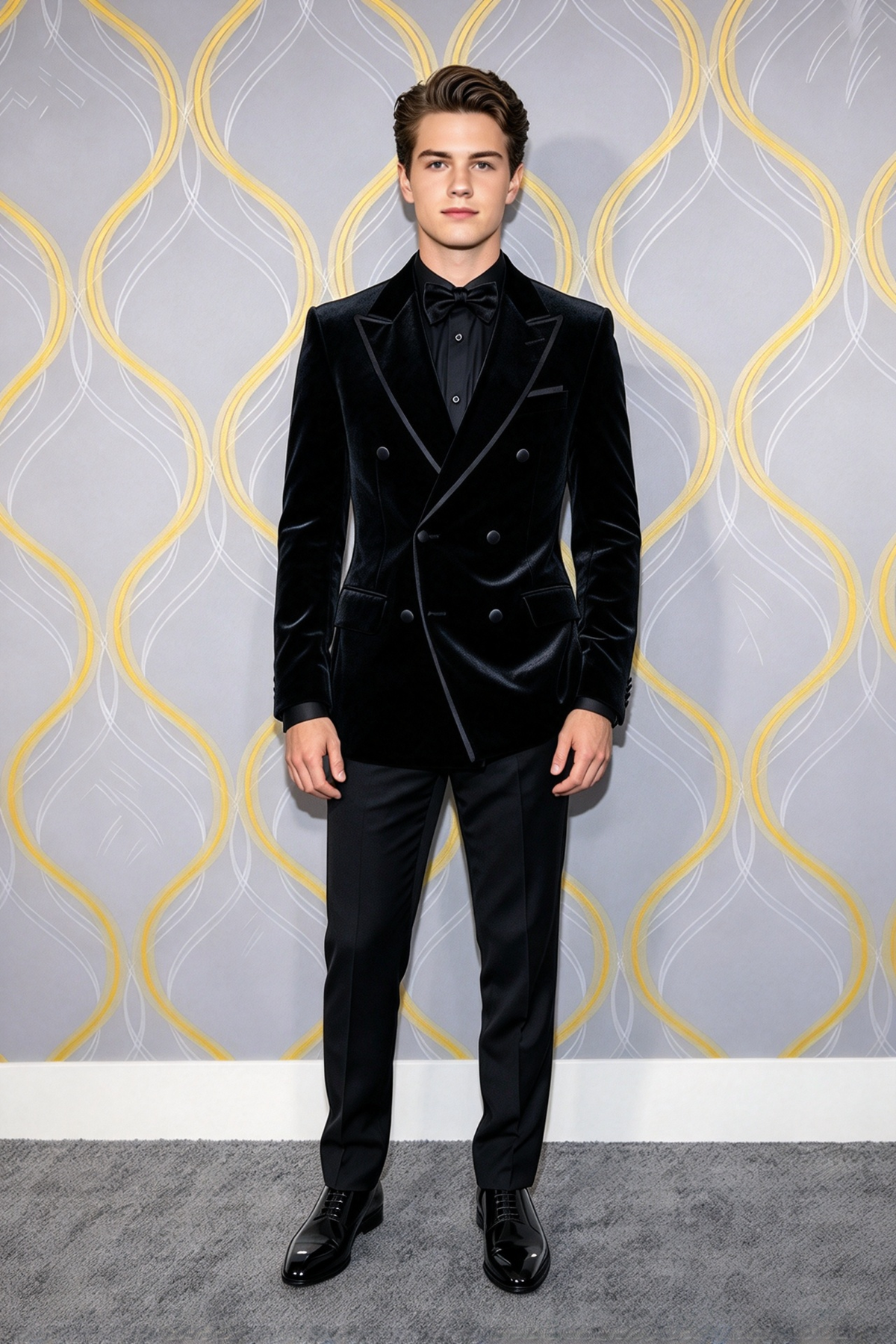 Black Velvet Boys Trim Edging Double Breasted 2 Piece Suit Set