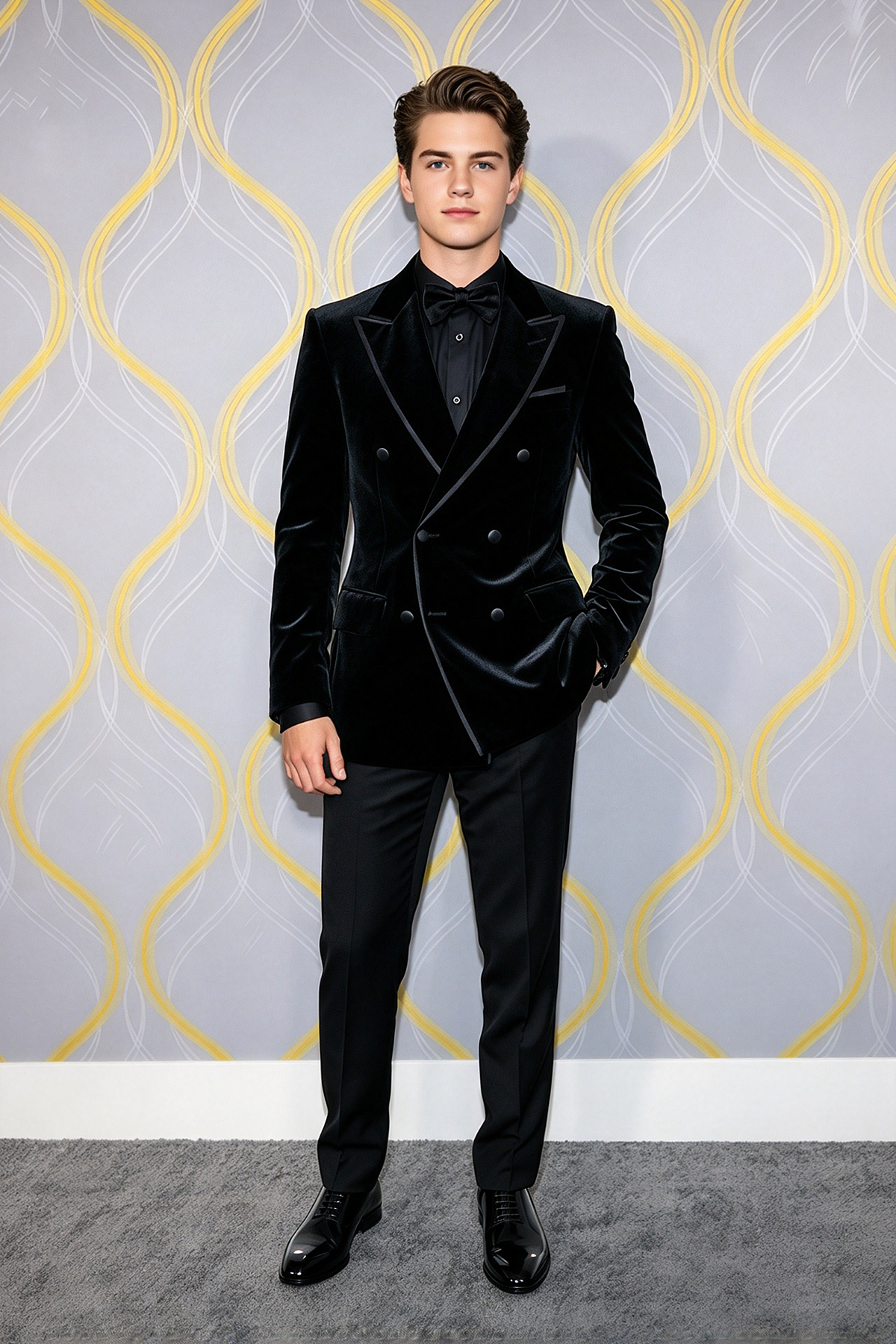 Black Velvet Boys Trim Edging Double Breasted 2 Piece Suit Set
