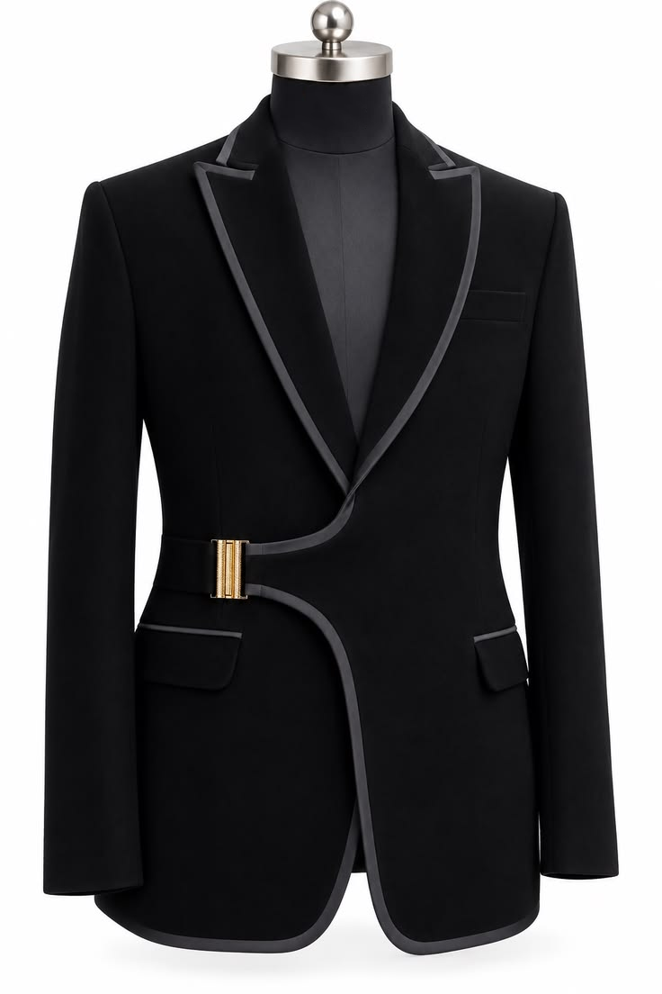 Black Silver Piping Adjustable Waist Buckle Single Breasted 2 Piece Suit Set