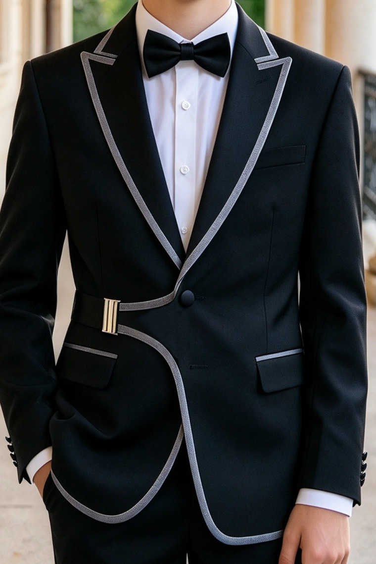 Black Silver Piping Adjustable Waist Buckle Single Breasted 2 Piece Suit Set