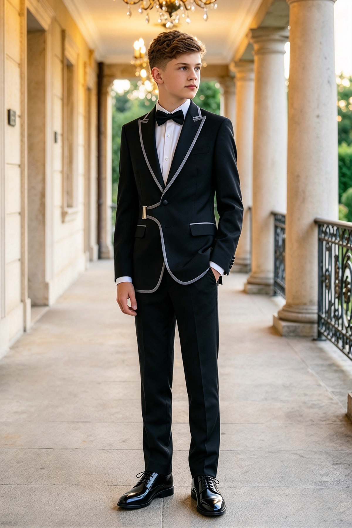 Black Silver Piping Adjustable Waist Buckle Single Breasted 2 Piece Suit Set
