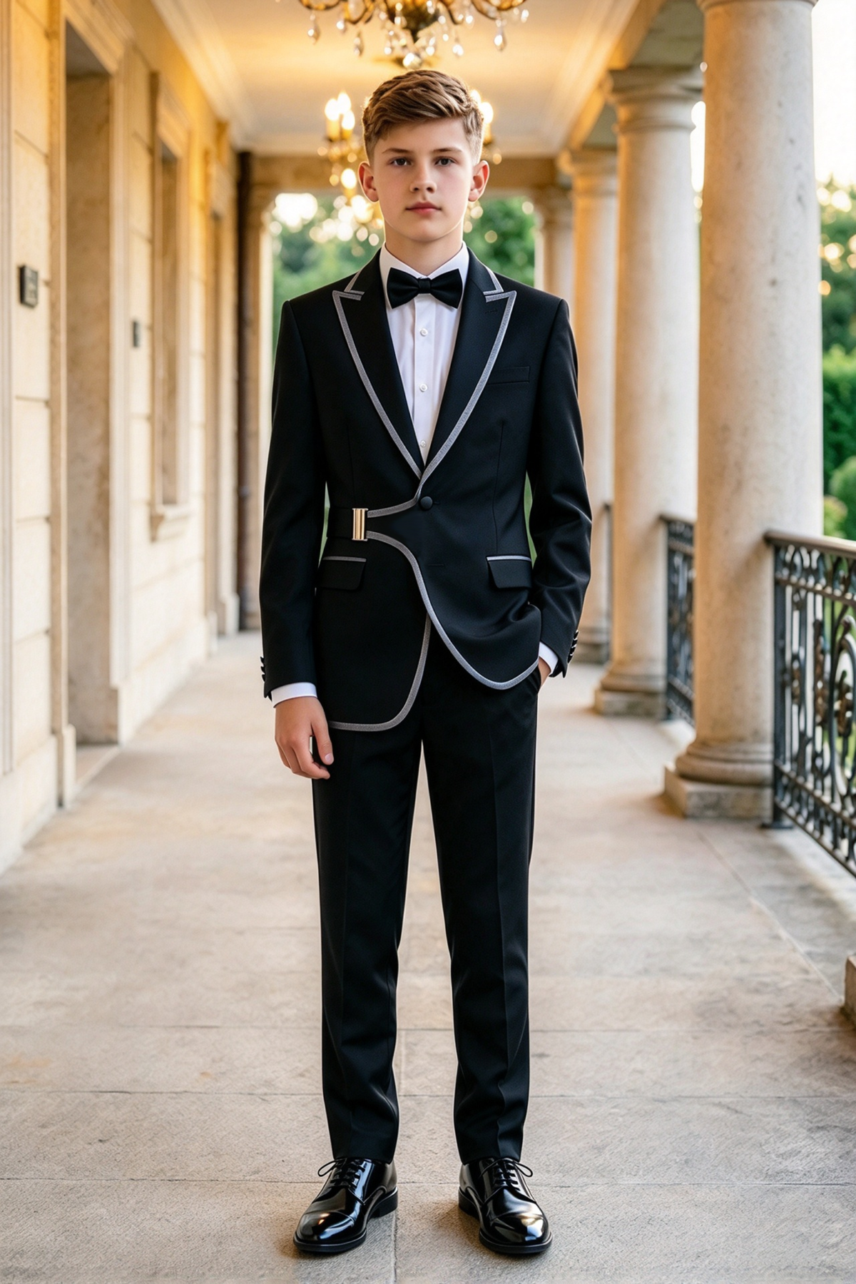 Black Silver Piping Adjustable Waist Buckle Single Breasted 2 Piece Suit Set