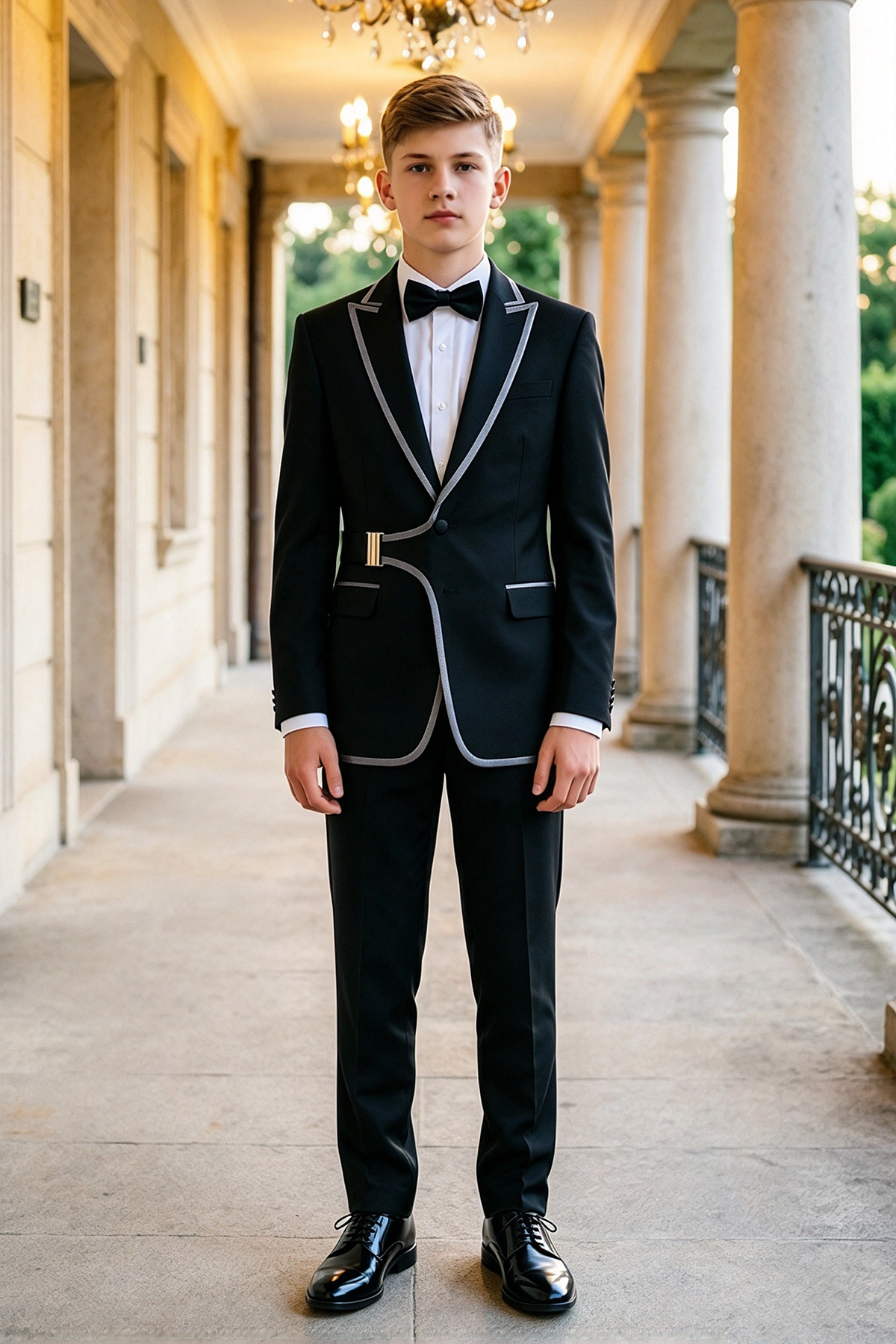 Black Silver Piping Adjustable Waist Buckle Single Breasted 2 Piece Suit Set