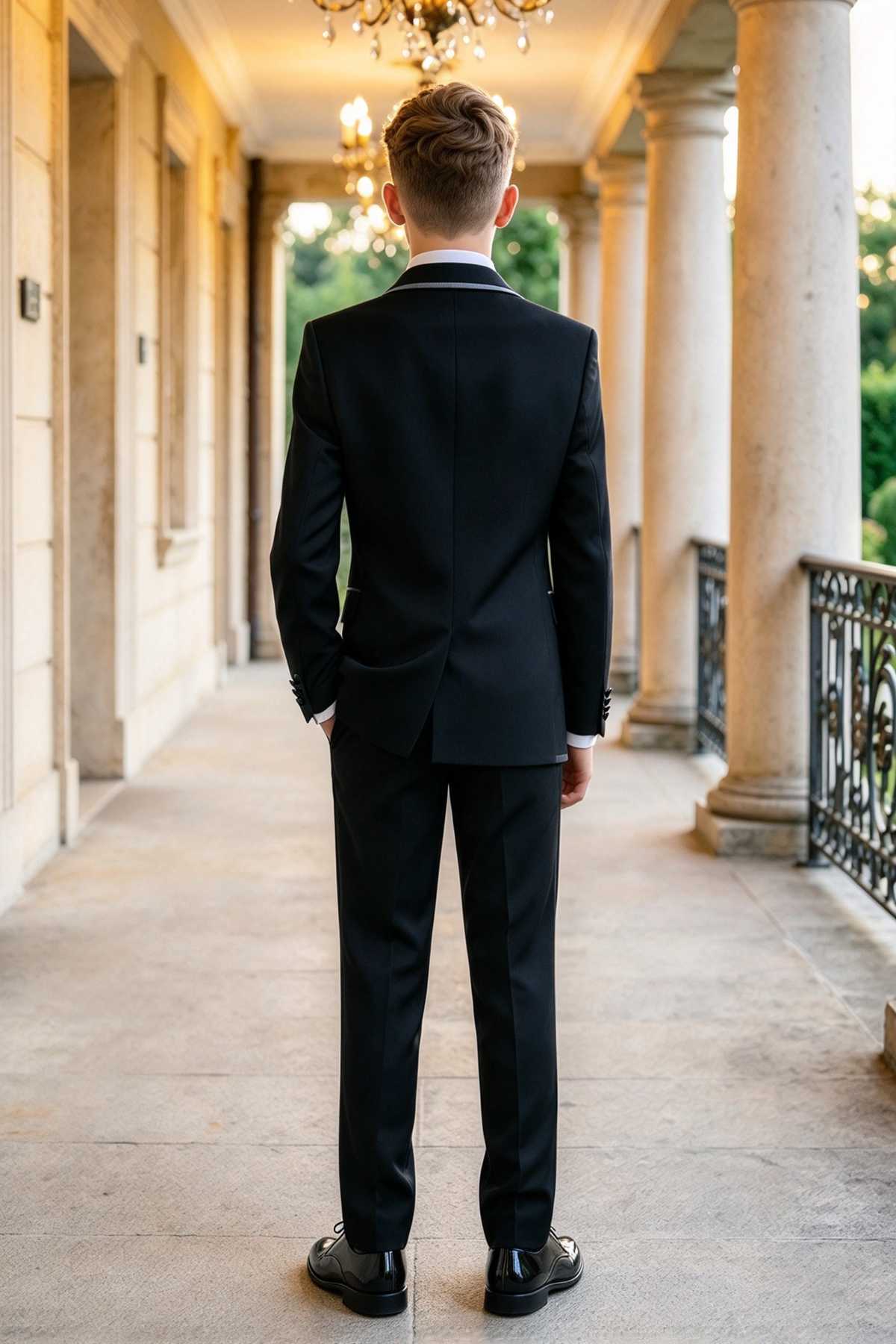 Black Silver Piping Adjustable Waist Buckle Single Breasted 2 Piece Suit Set