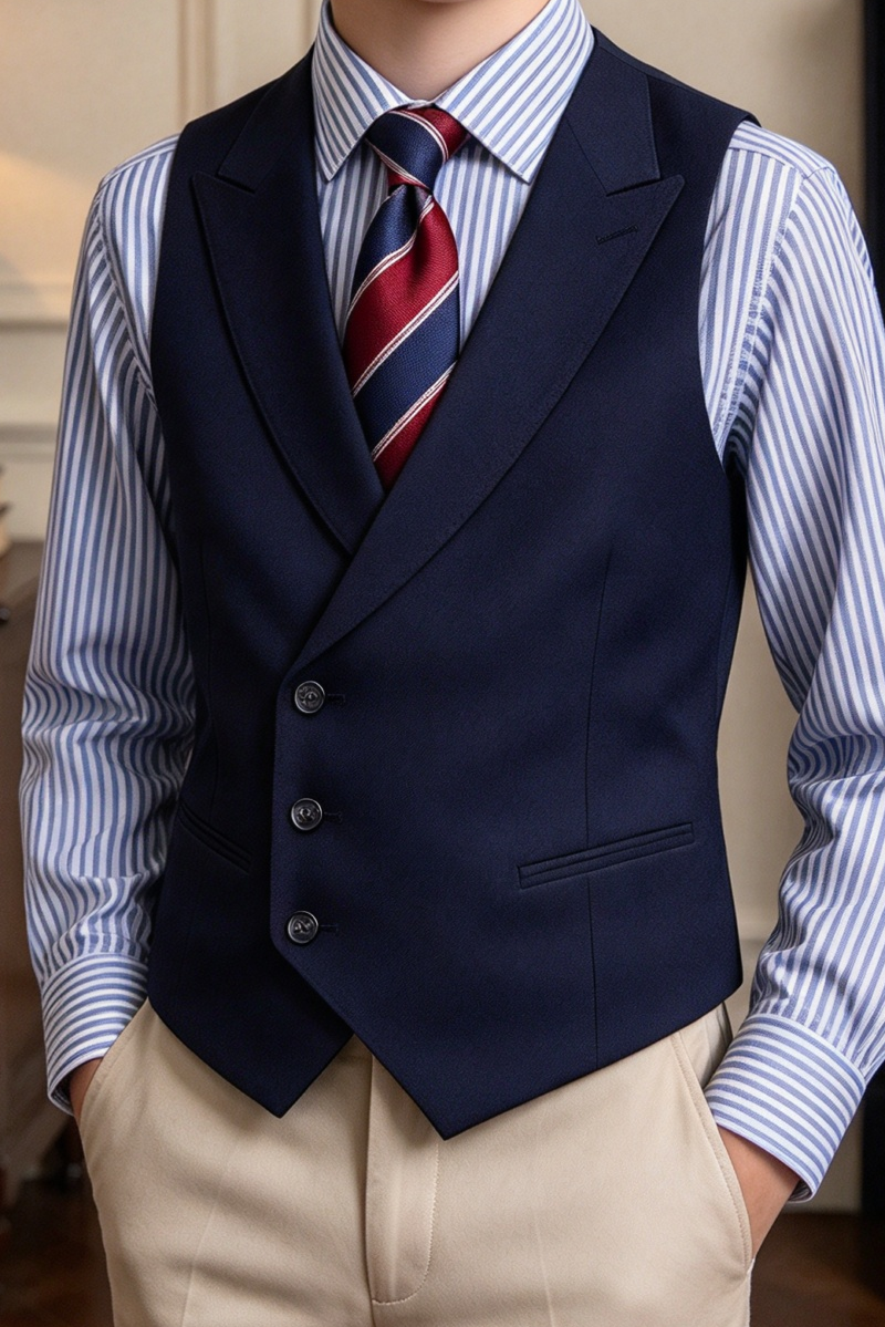Navy & Beige Single Breasted 2 Piece Vest Suit Set