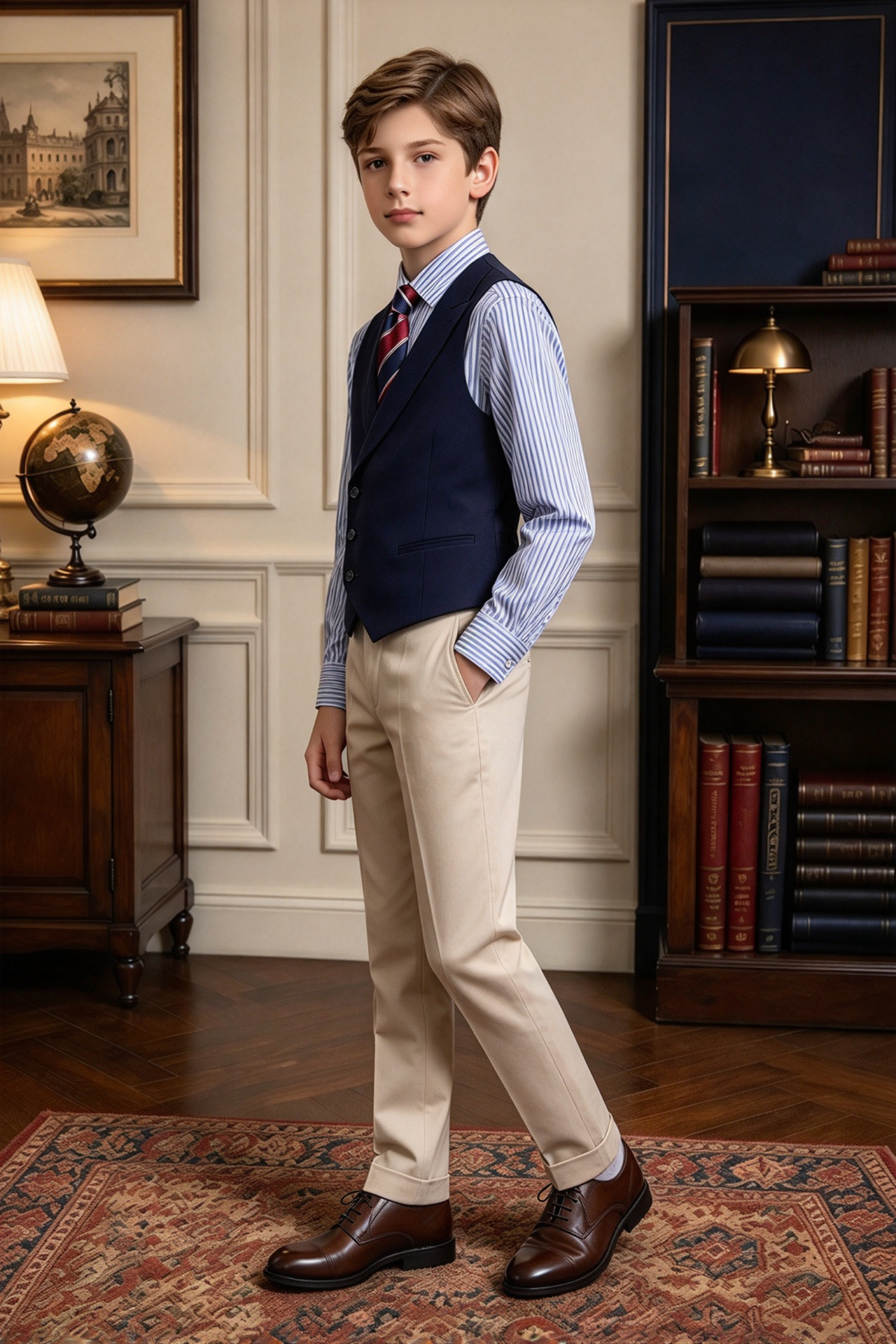 Navy & Beige Single Breasted 2 Piece Vest Suit Set