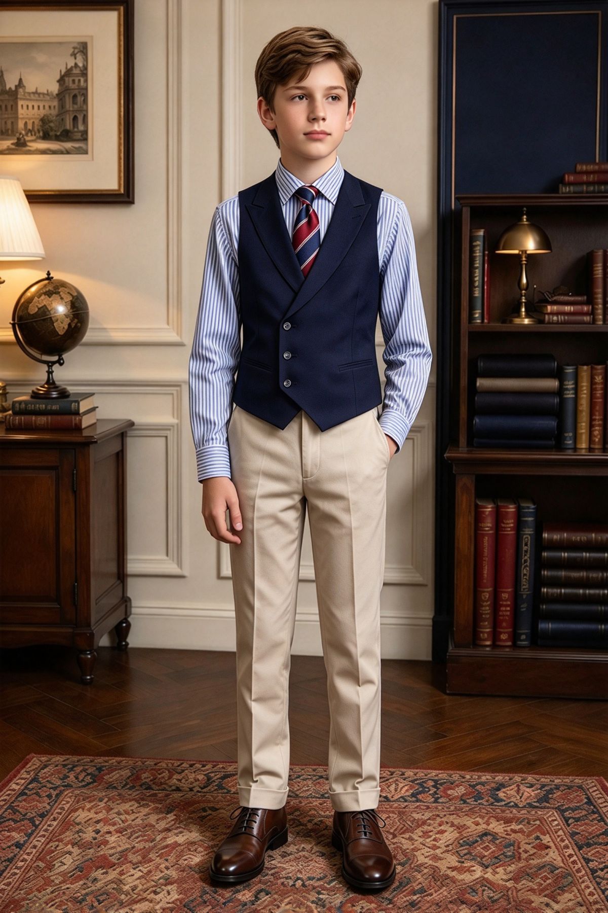 Navy & Beige Single Breasted 2 Piece Vest Suit Set