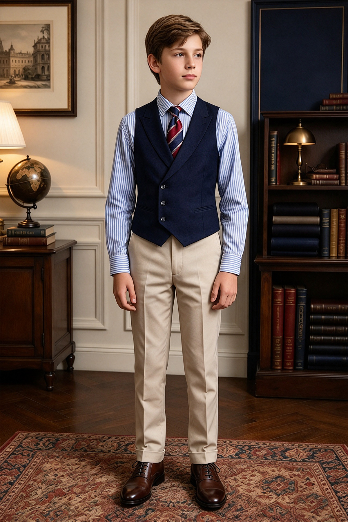 Navy & Beige Single Breasted 2 Piece Vest Suit Set