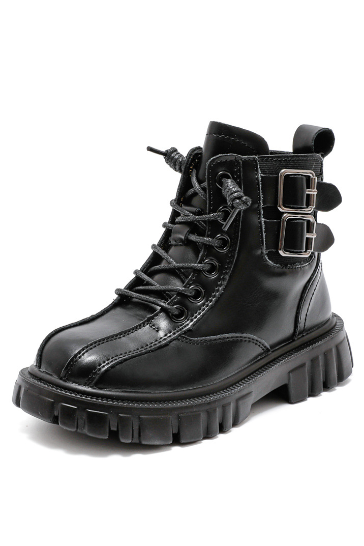 Black PU British Style Non-Fleece Mid-Calf Martin Boots