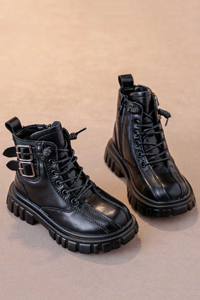 Black PU British Style Non-Fleece Mid-Calf Martin Boots