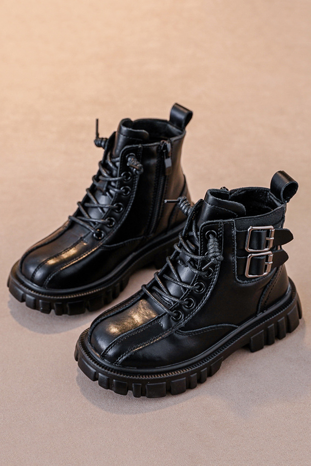 Black PU British Style Non-Fleece Mid-Calf Martin Boots