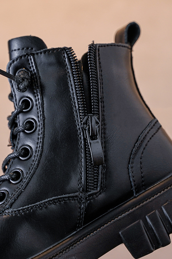 Black PU British Style Non-Fleece Mid-Calf Martin Boots