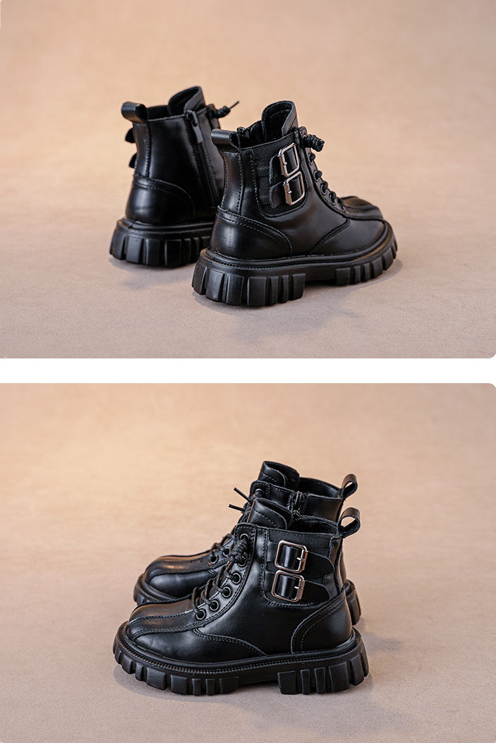 Black PU British Style Non-Fleece Mid-Calf Martin Boots