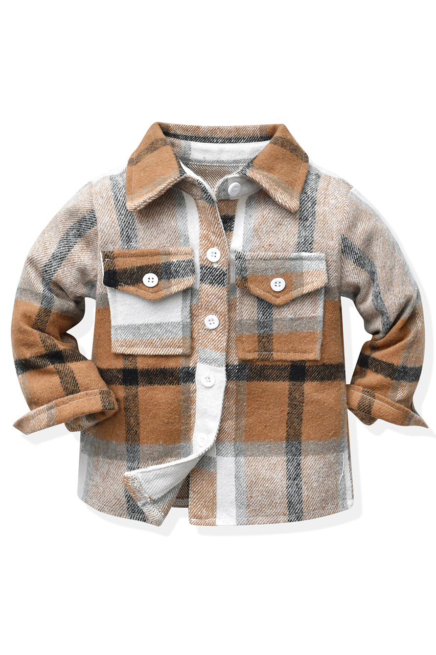 Brown Plaid Cotton Blend Lapel Long Sleeve Shirt（Non-fleece）