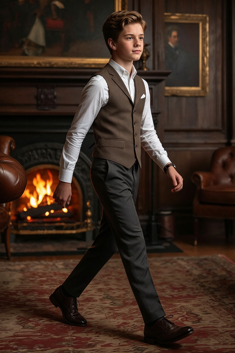 Boys Brown Waistcoat 2-Piece Suit with Refined Lapel