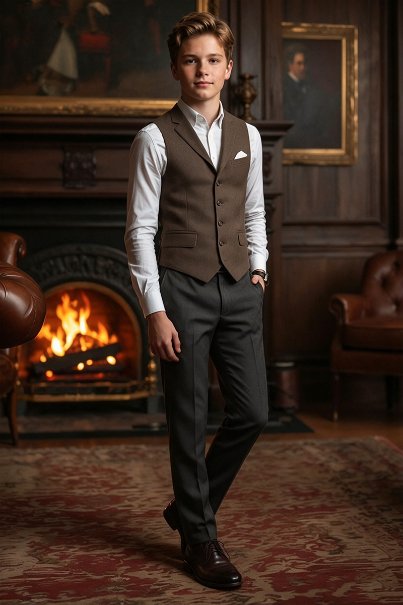 Boys Brown Waistcoat 2-Piece Suit with Refined Lapel