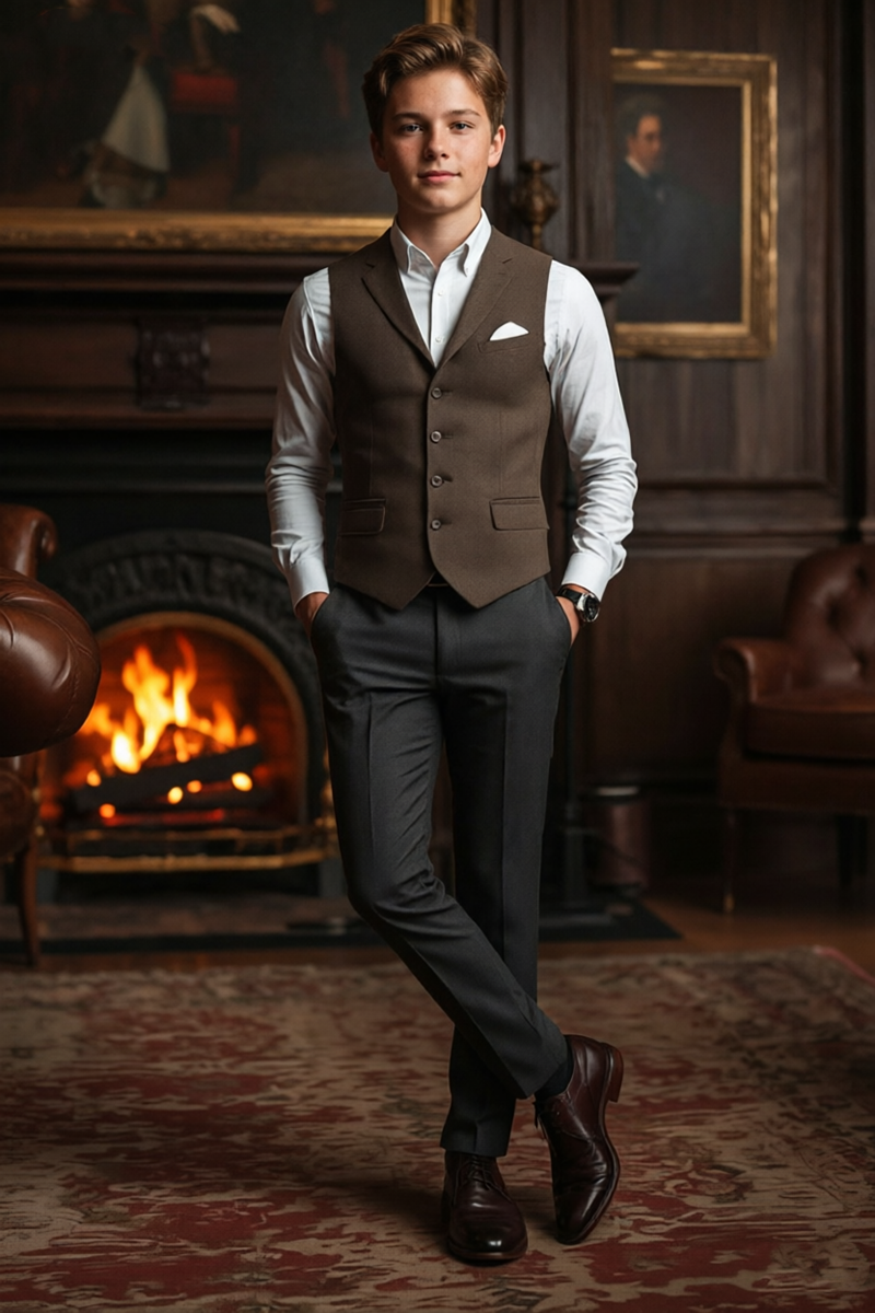 Boys Brown Waistcoat 2-Piece Suit with Refined Lapel