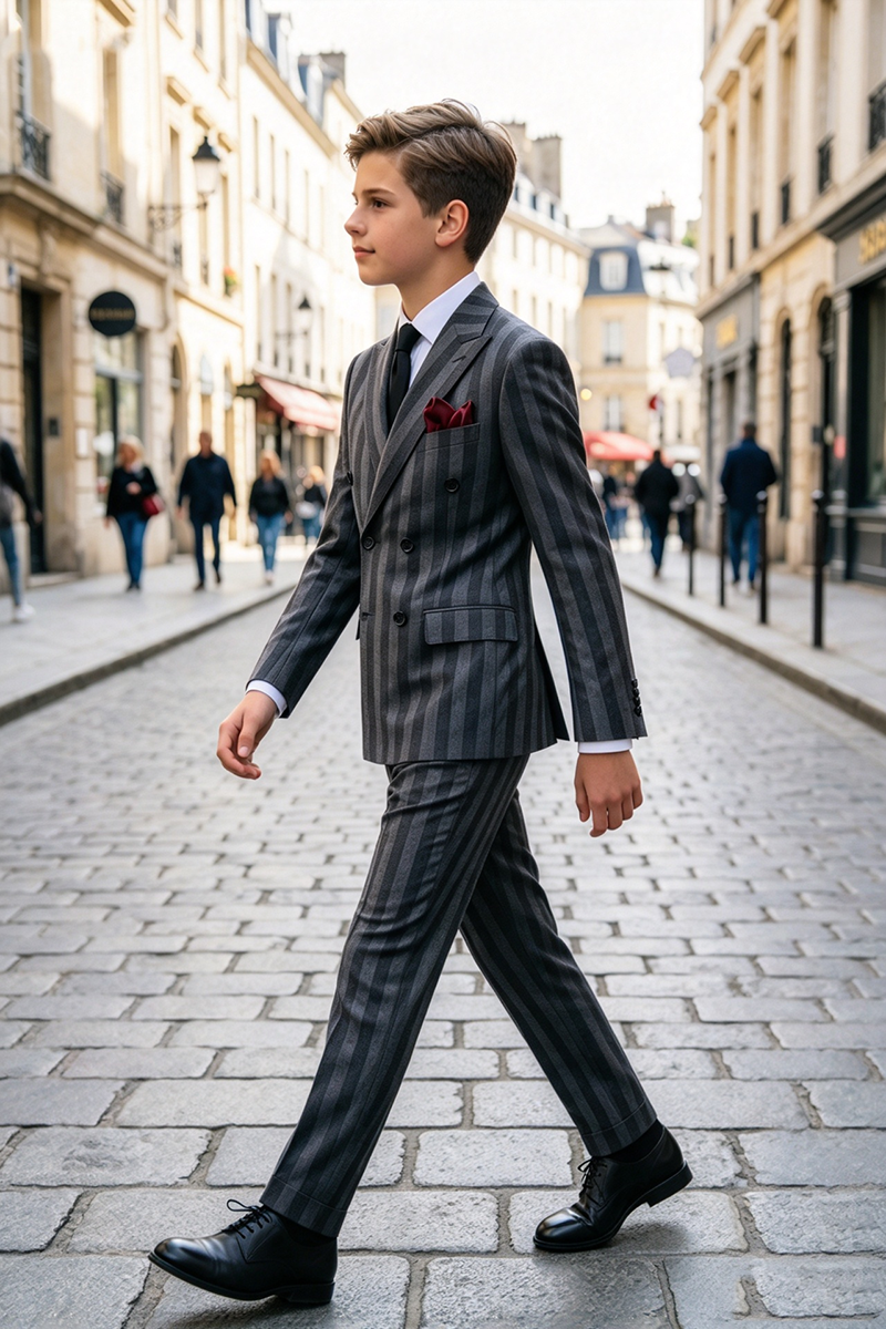 Boys Grey Striped 2-Piece Suit with Peak Lapel