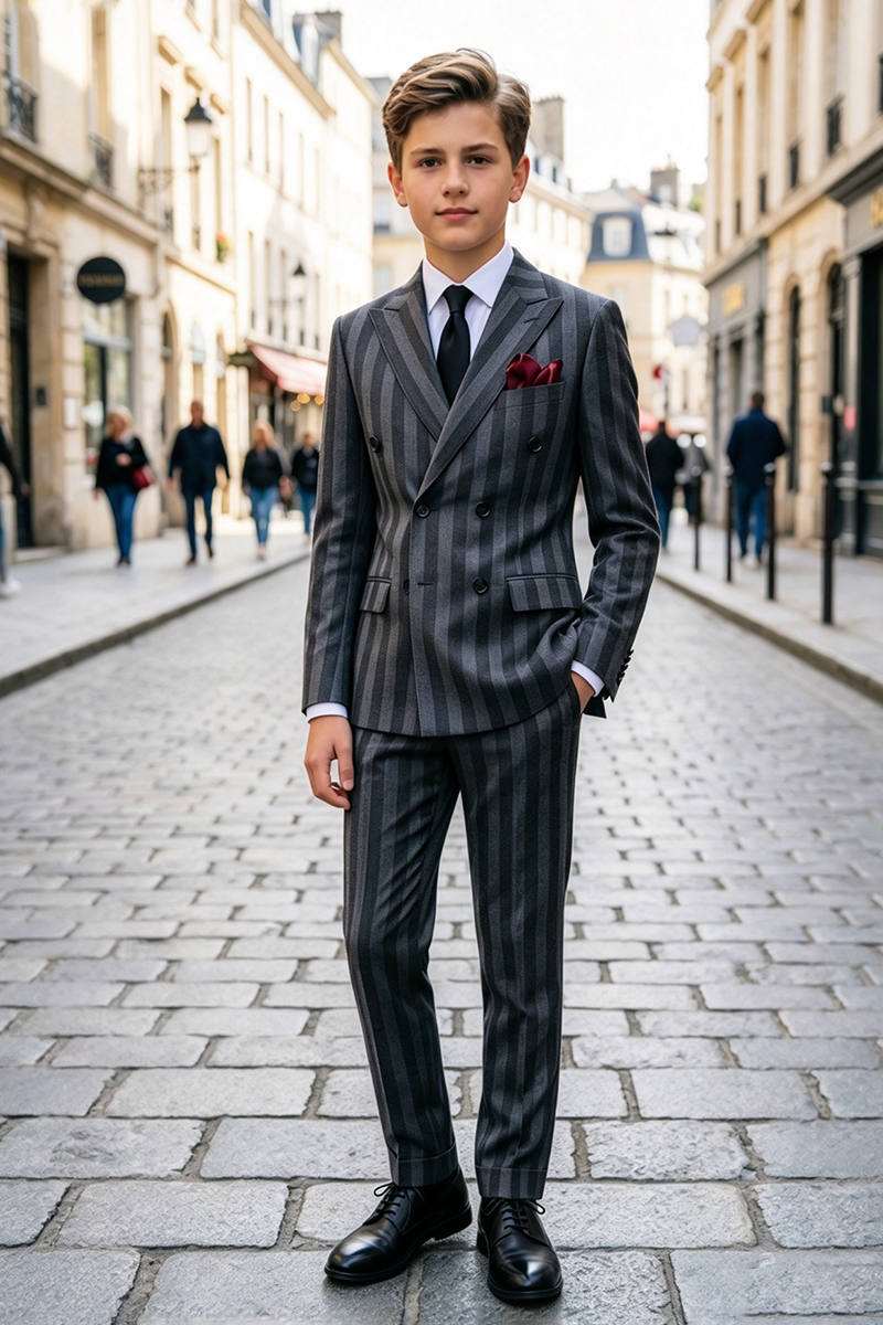 Boys Grey Striped 2-Piece Suit with Peak Lapel