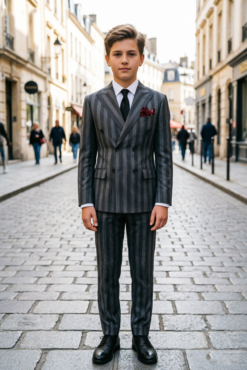 Boys Grey Striped 2-Piece Suit with Peak Lapel