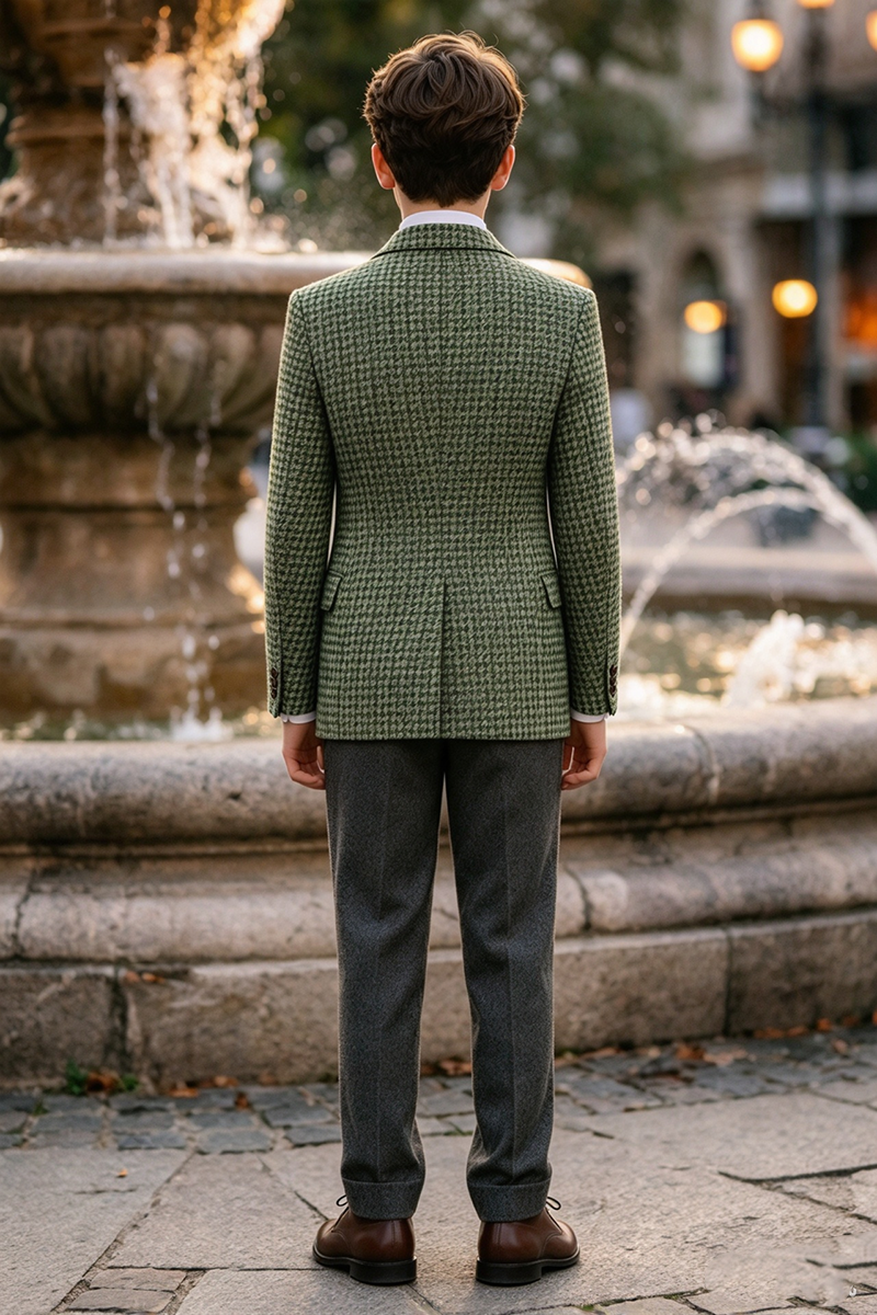 Boys Green Houndstooth 2-Piece Suit with Notch Lapel