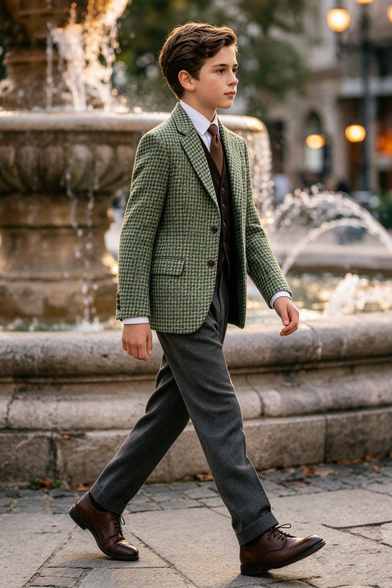 Boys Green Houndstooth 2-Piece Suit with Notch Lapel