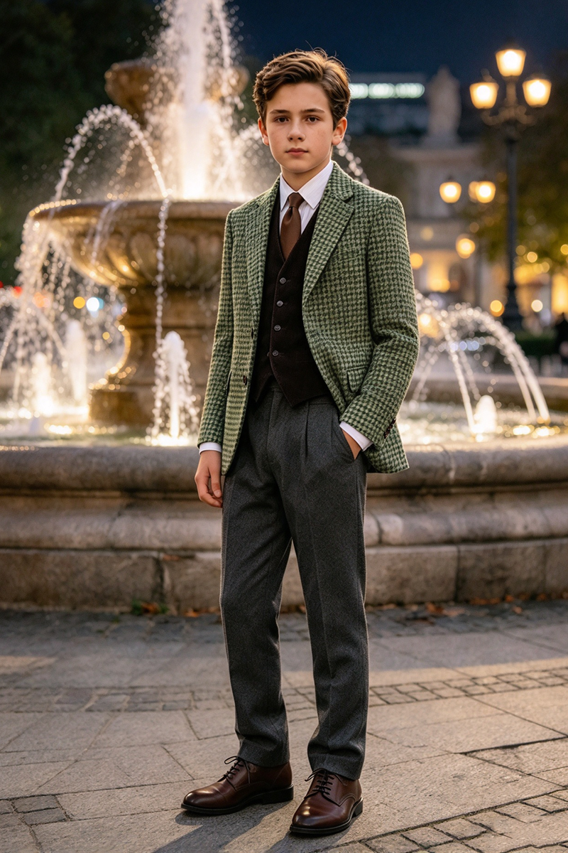 Boys Green Houndstooth 2-Piece Suit with Notch Lapel