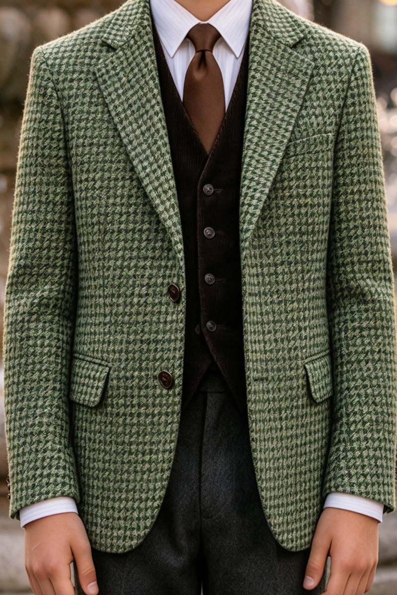 Boys Green Houndstooth 2-Piece Suit with Notch Lapel