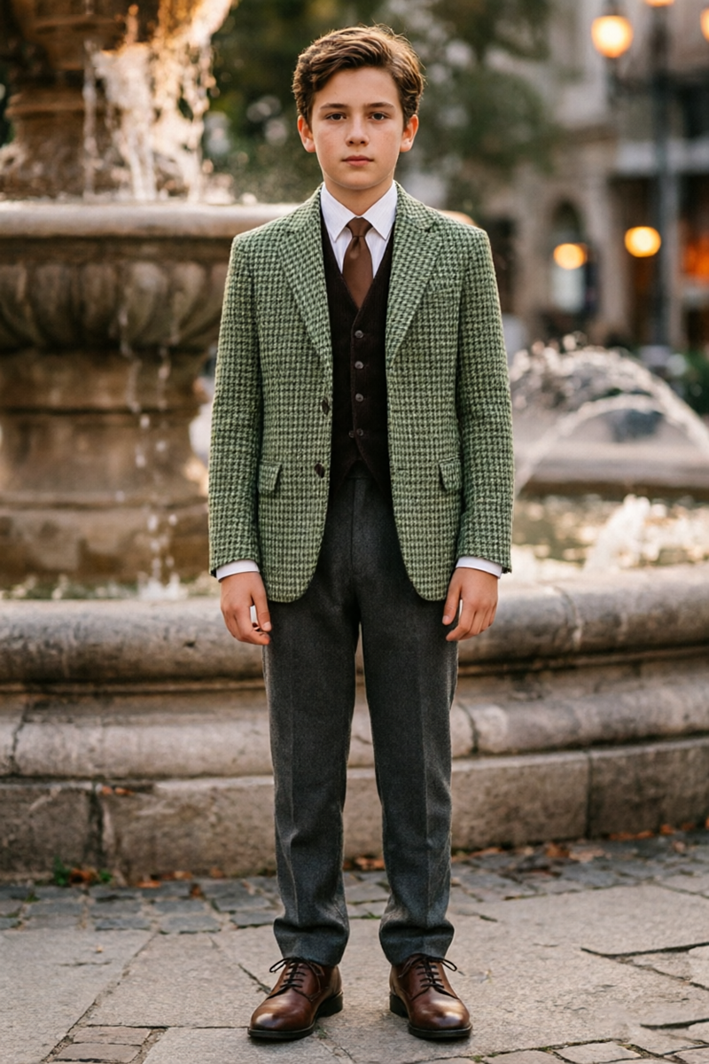 Boys Green Houndstooth 2-Piece Suit with Notch Lapel