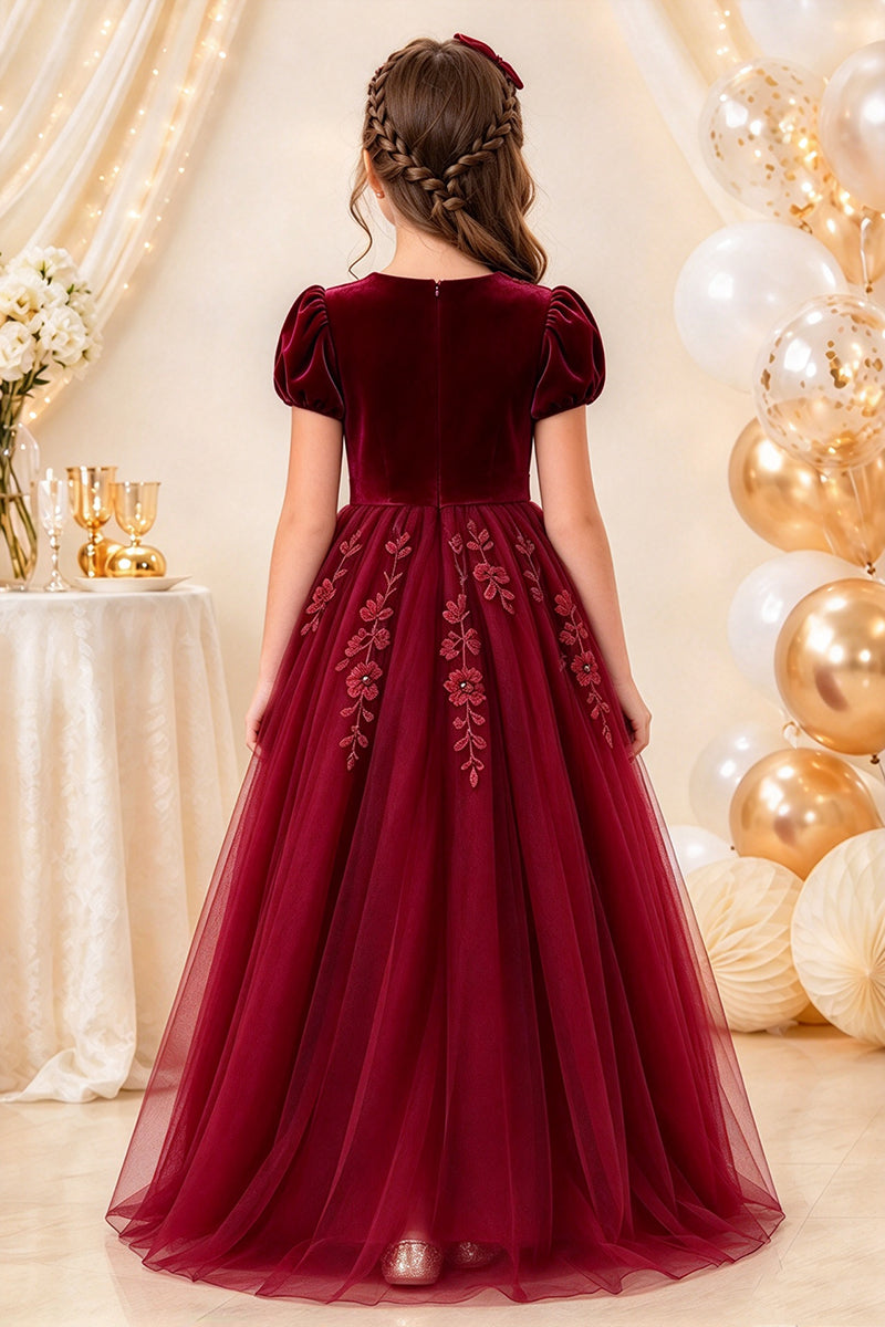 Girls Burgundy Velvet Tulle Dress with Floral Embroidery