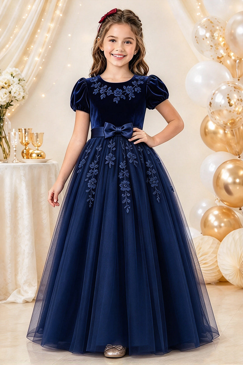 Girls Burgundy Velvet Tulle Dress with Floral Embroidery