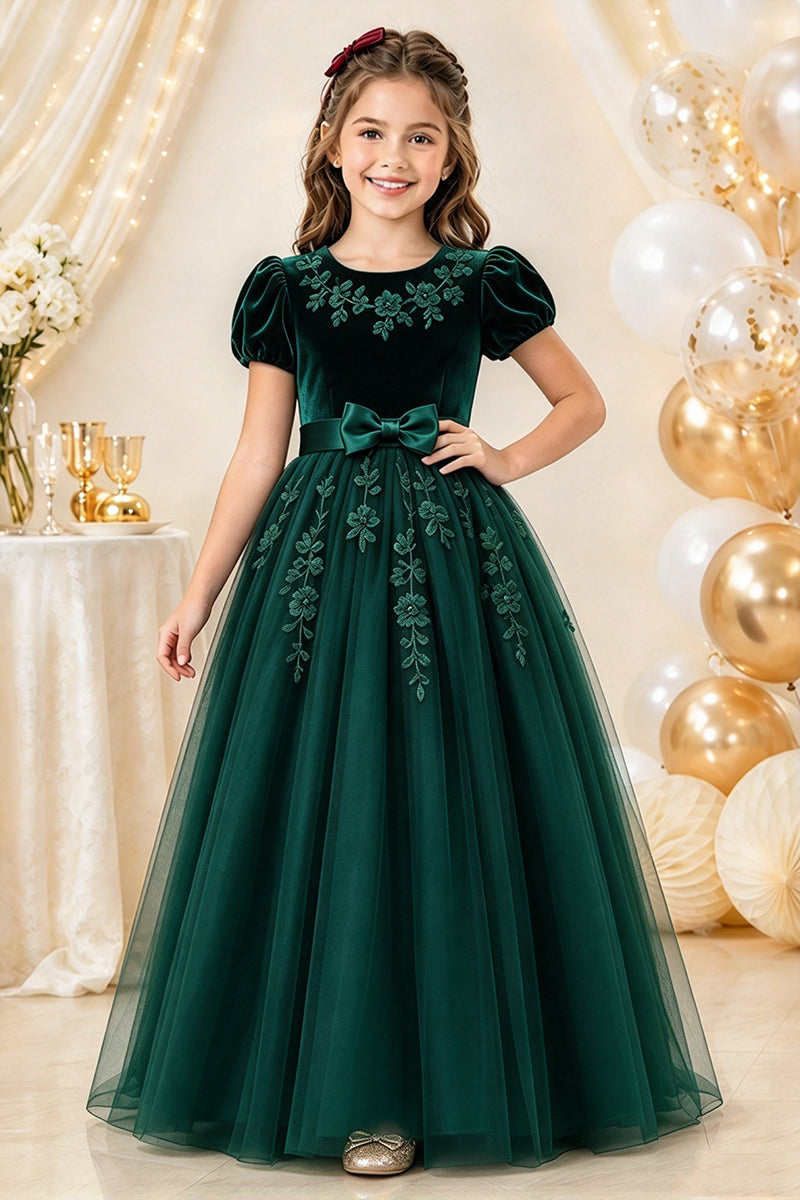 Girls Burgundy Velvet Tulle Dress with Floral Embroidery